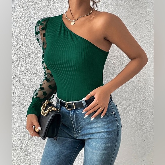 Emerald Green Polka Dot Mesh Blouse - Picture 4 of 6